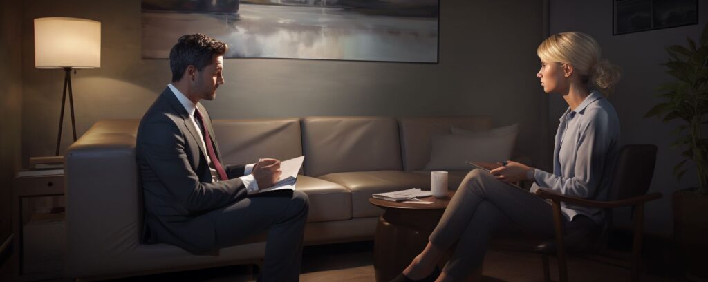 Psychologists sitting across from each other in a dimly lit office, discussing with notepads in hand.