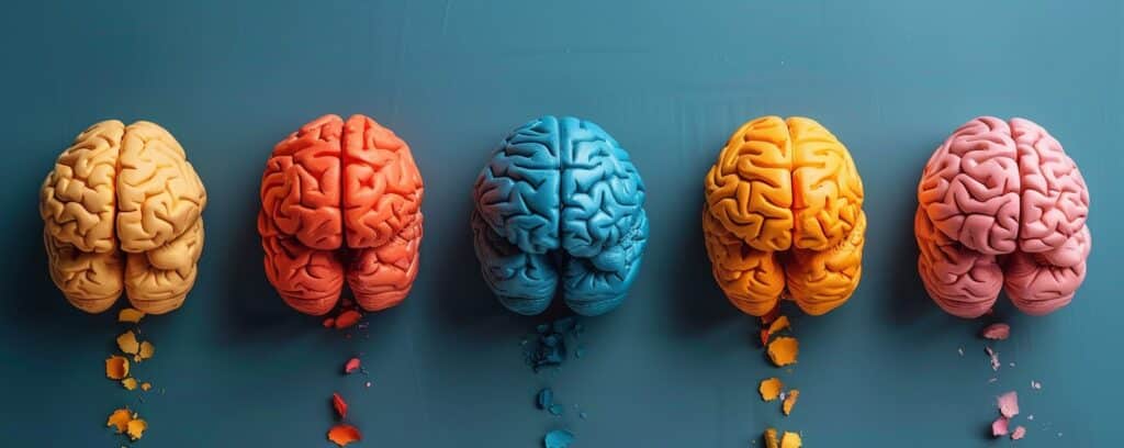 Five colorful brain models with scattered matching crayon shavings on a teal background.