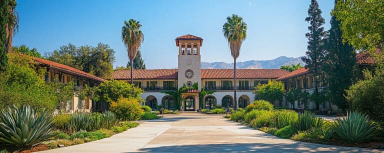 A scenic view of a Mediterranean-style building with a tower, surrounded by greenery and palm trees under a clear sky.