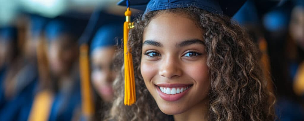 A smiling graduate in a cap and gown, with other graduates blurred in the background.