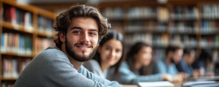 Smiling person in a library, sitting at a table with others, surrounded by bookshelves.