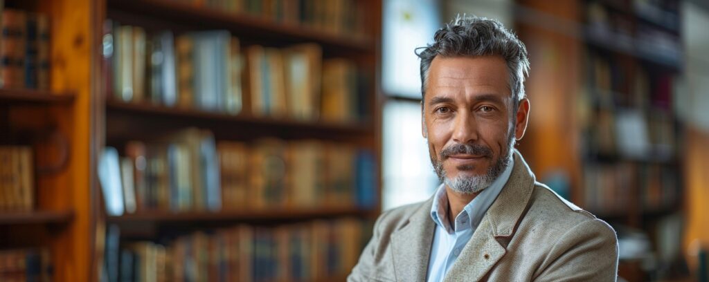 Man with gray hair and beard, wearing a beige blazer, standing in a library with shelves of books in the background.