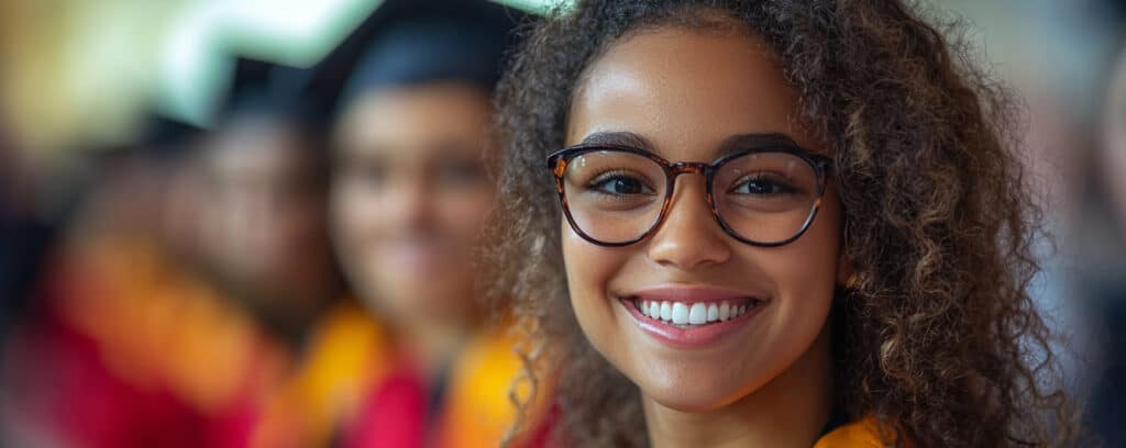 Young woman in glasses smiling at a graduation ceremony, with blurred graduates in the background.