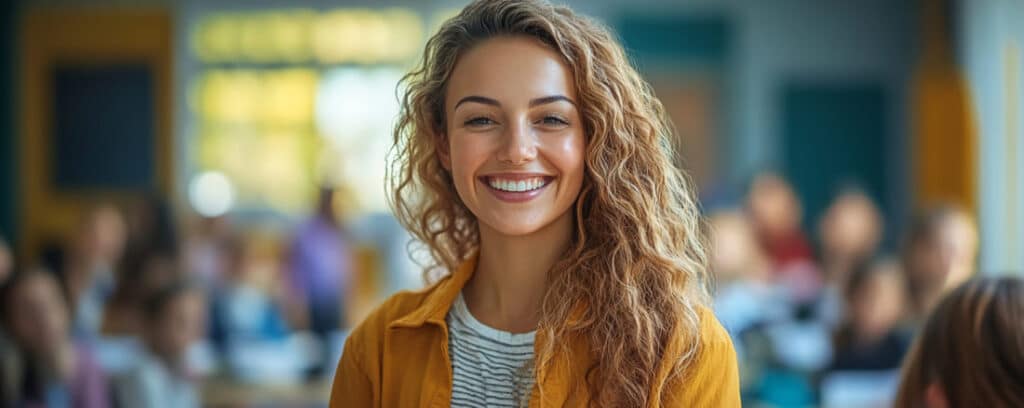 Smiling woman with curly hair in a classroom, soft focus background with students.