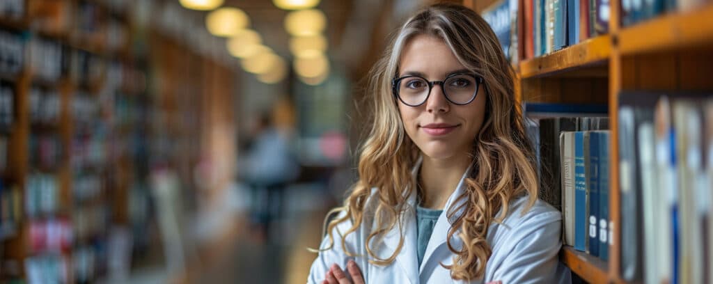 A woman in a white coat with glasses stands confidently in a library, surrounded by shelves of books.