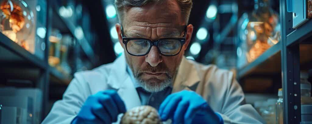 A scientist examines a brain specimen in a laboratory setting, wearing blue gloves and a white lab coat.