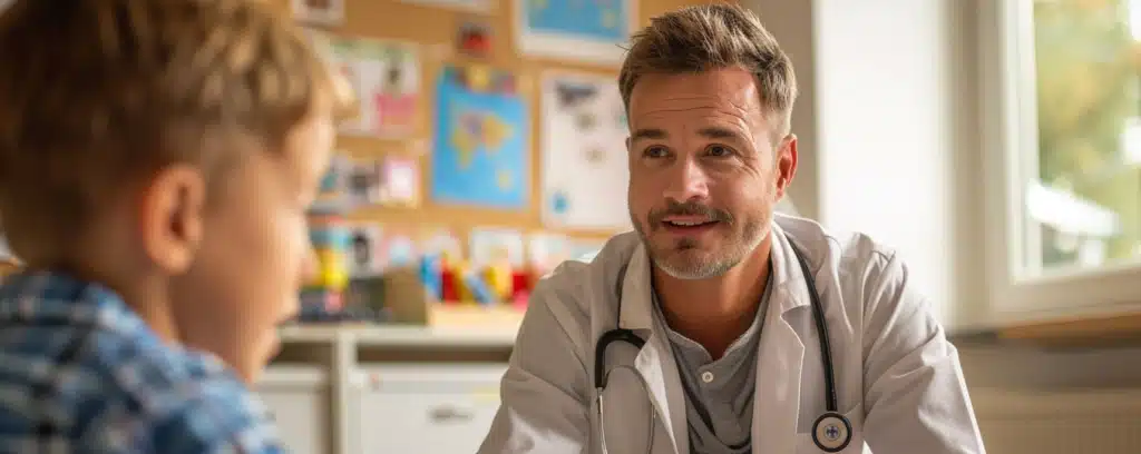 A doctor with a stethoscope talks to a young boy in an office setting.