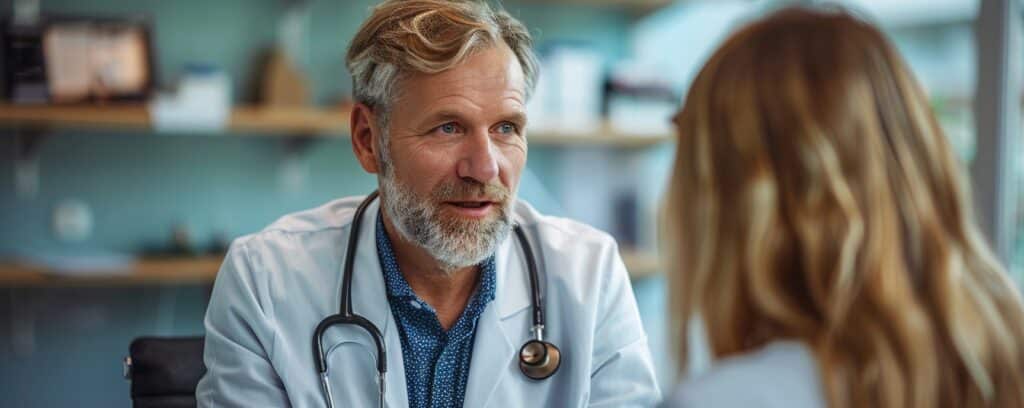 A doctor with a stethoscope talks to a patient in an office setting.