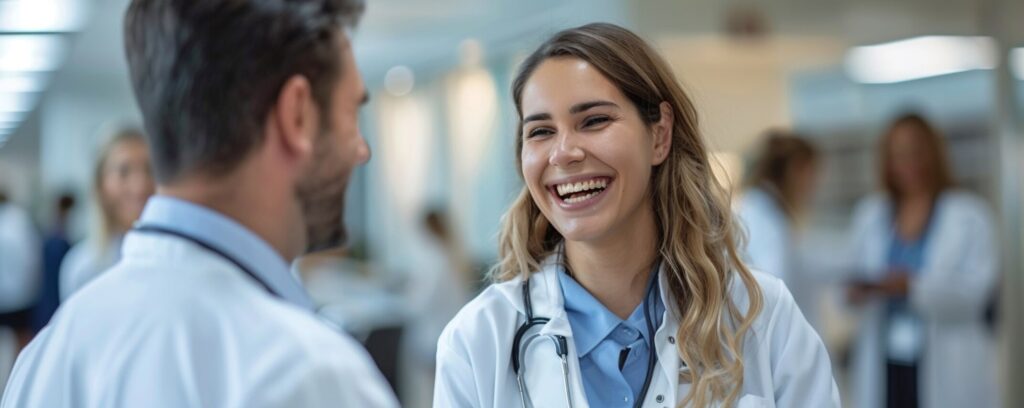 Two healthcare professionals in white coats smiling and conversing in a hospital corridor.