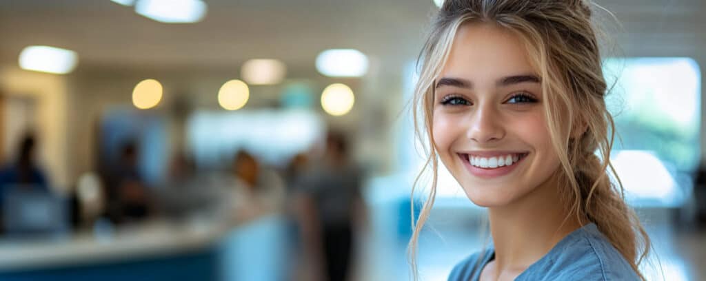 A smiling woman with long hair in a bright indoor setting with blurred background lights.