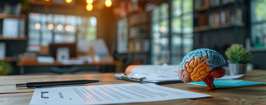 A brain model, documents, and a pen on a desk in a cozy study with bookshelves and warm lighting.