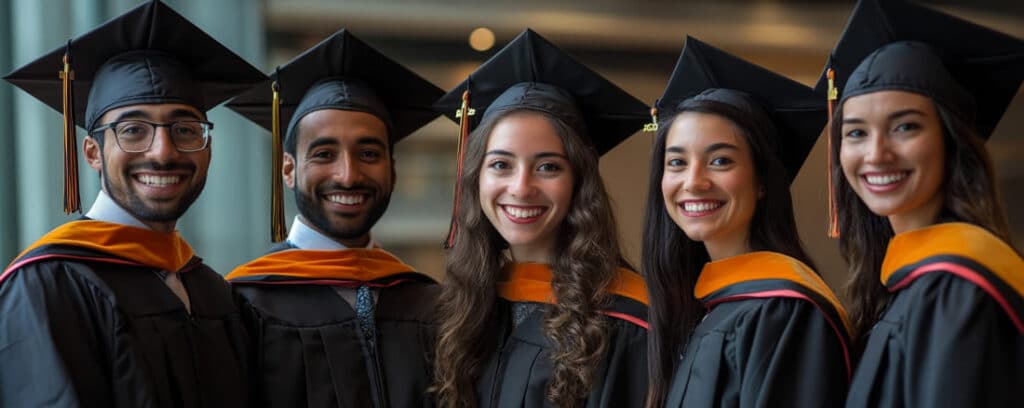 Five graduates in caps and gowns smile at the camera indoors.