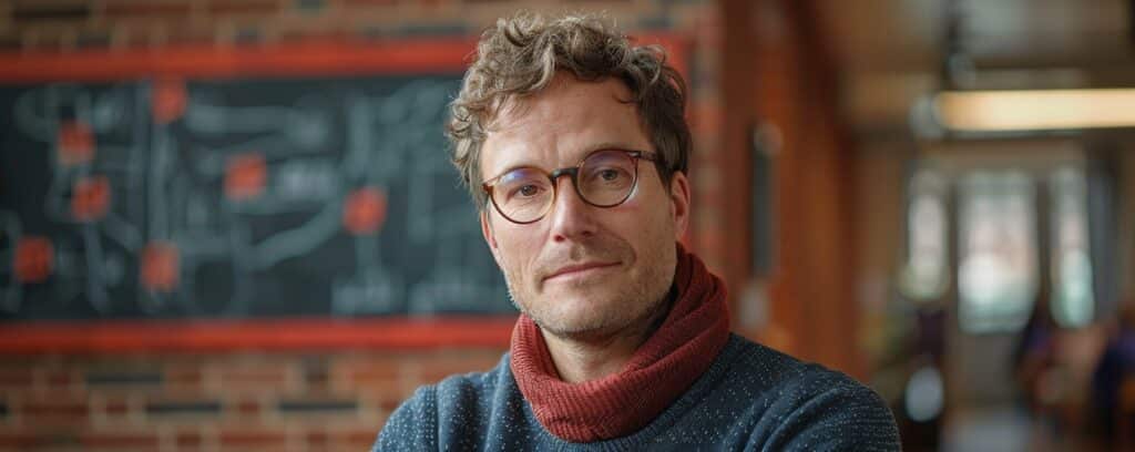 A man with glasses and a scarf stands in front of a chalkboard.