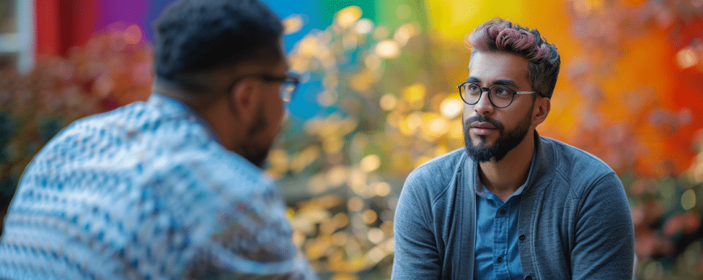 Two people having a conversation outdoors with a colorful rainbow wall in the background.