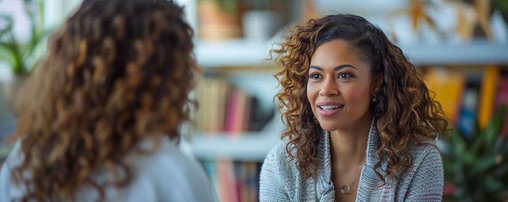 Two people with curly hair having a conversation in a cozy, book-filled room with plants visible in the background.