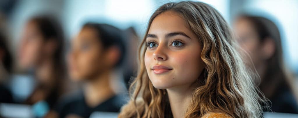 Young woman with wavy hair attentively listening in a classroom setting.