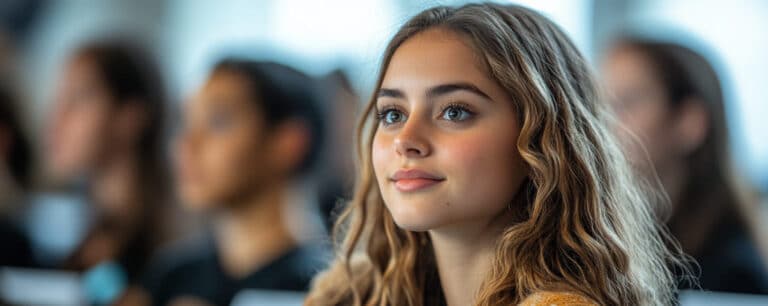 Young woman with wavy hair attentively listening in a classroom setting.