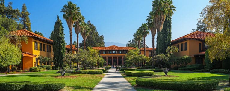 Pathway leading to a building with red-tiled roofs, surrounded by palm trees and manicured lawns.