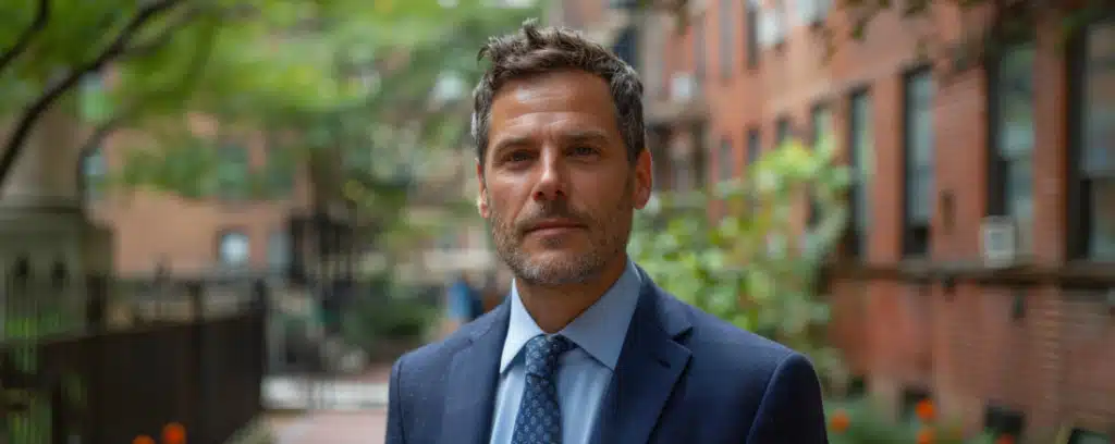 Man in a suit standing on a tree-lined urban street with buildings in the background.