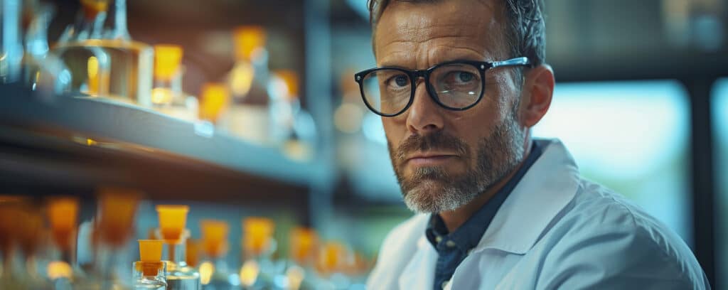 A scientist with glasses in a lab coat stands among beakers and test tubes, looking intently at the camera.