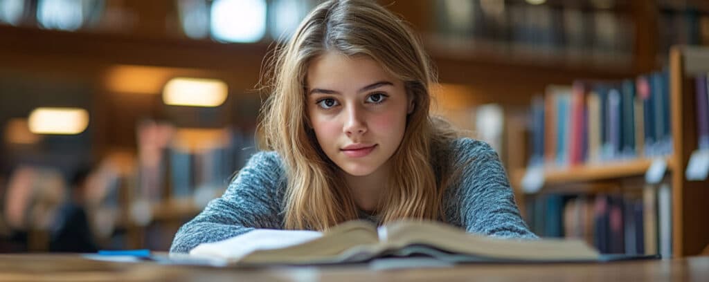 Young woman reading a book at a table in a library, looking directly at the camera.