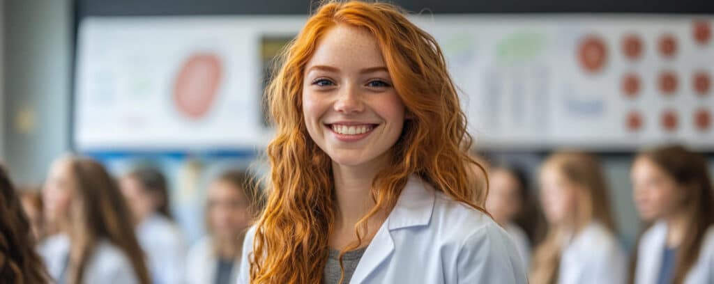 Smiling woman with red hair in a white lab coat stands in a classroom setting.