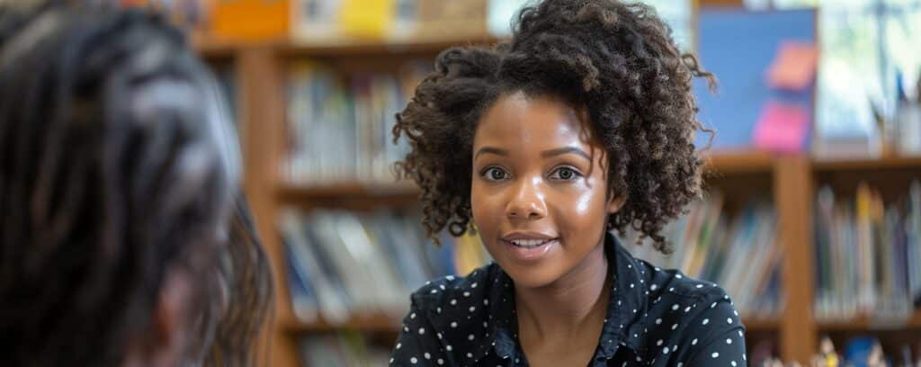 A woman with curly hair and a polka dot shirt smiles at another person in a library setting.