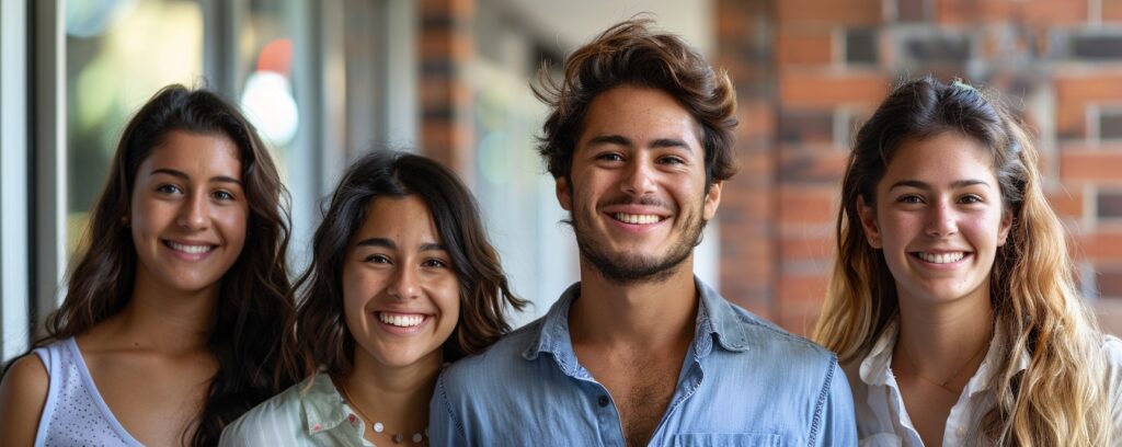 Four young adults smiling in an outdoor setting with a brick wall background.