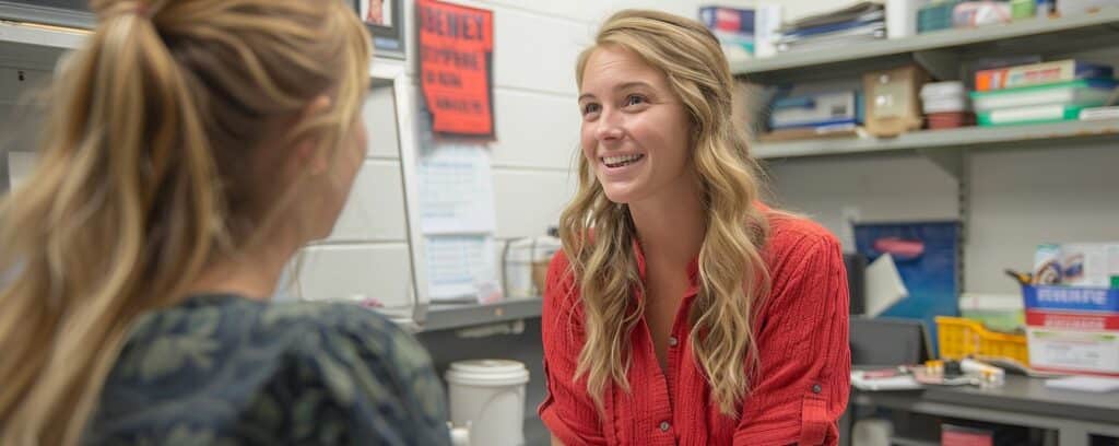 Two people having a conversation in an office, one smiling and wearing a red sweater.