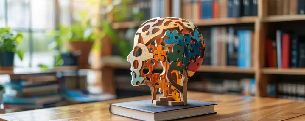 A wooden brain-shaped puzzle sits on a book in a library setting with shelves and plants in the background.