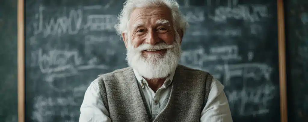 An elderly psychologist with a white beard smiles in front of a chalkboard covered with equations.