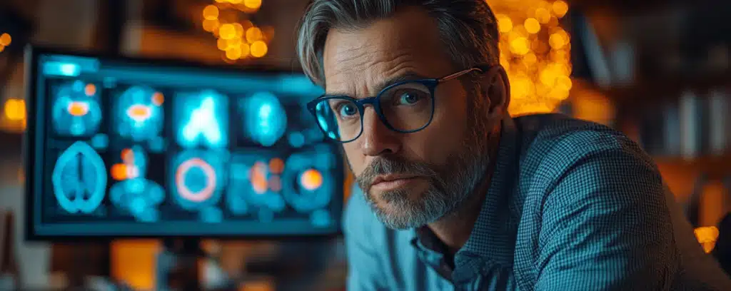 A focused man with glasses sits in front of a computer displaying colorful medical images.