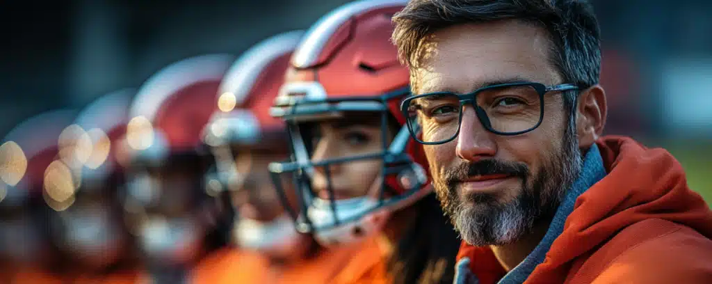 Sports psychologist in glasses stands with a row of football players in helmets, all wearing orange jerseys.