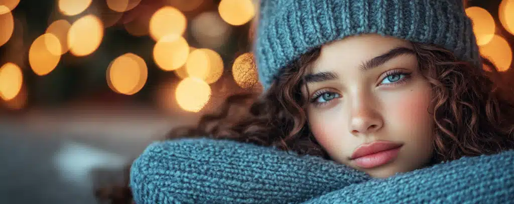 Close-up of a person with curly hair in a gray knit hat and sweater, with warm, blurred lights in the background.