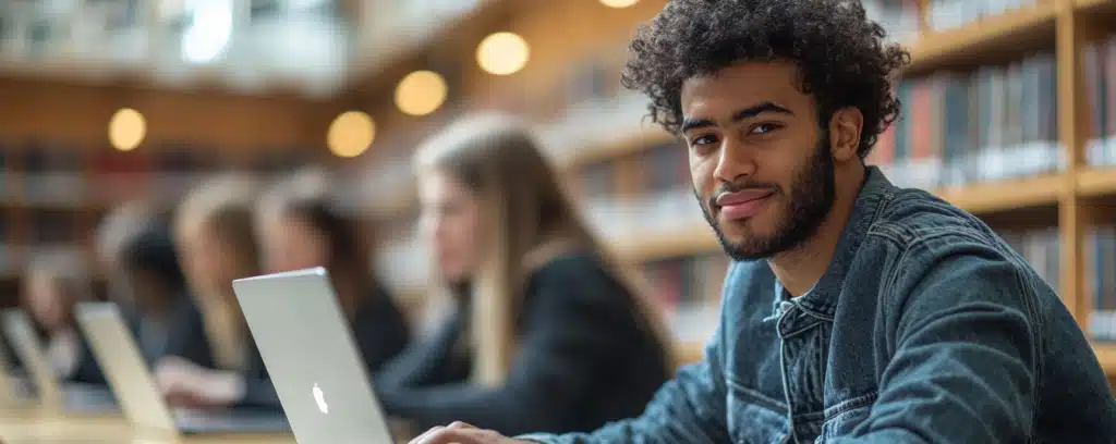 Online Bachelor of Psychology student smiling at a library table with a laptop, while others study in the background.