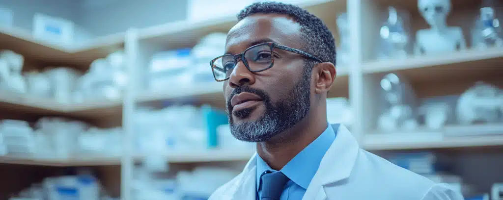 A clinical psychologist with glasses and a beard in a lab coat stands thoughtfully in a laboratory setting.