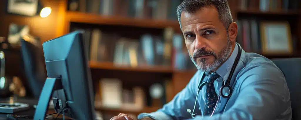 A psychologist with a stethoscope sits at a desk, looking at the camera. Bookshelves are visible in the background.