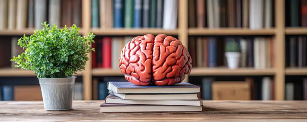 A model of a brain on stacked books beside a small plant, set in front of a blurred bookshelf background.