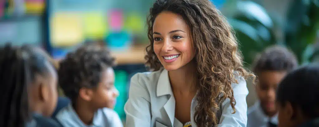 A smiling school psychologist engaging with young students in a classroom setting.