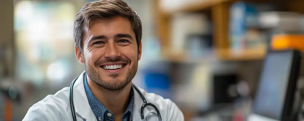 Smiling male doctor with a stethoscope, sitting in a medical office setting.