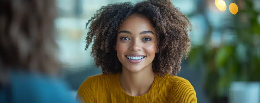 A woman with curly hair and a yellow sweater smiles warmly indoors, with plants and soft lighting in the background.