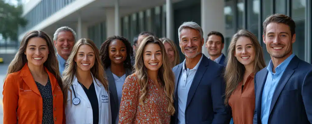 A diverse group of psychologists in professional attire standing outside a building.