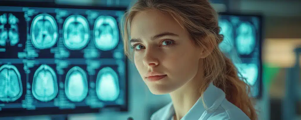 A woman in a lab coat stands in front of brain scans displayed on monitors.