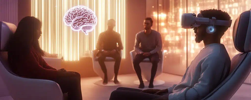 Four people in a futuristic therapy room; one wears VR goggles, and a brain hologram is displayed in the background.