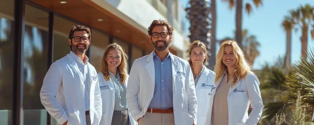 A group of five psychologists in white coats smiling outdoors with palm trees in the background.