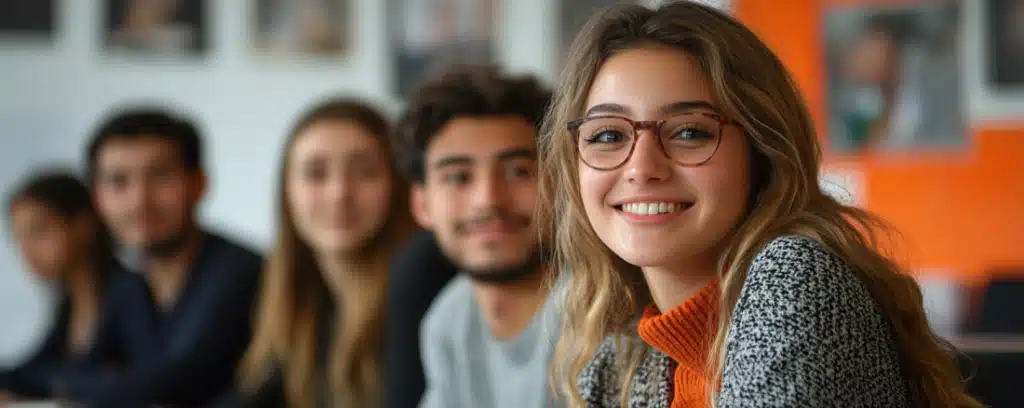 A group of smiling young psychology students sit together in a classroom setting.