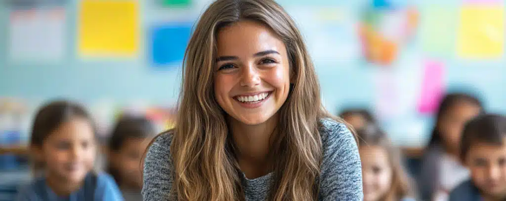 Smiling woman in a classroom setting with blurred students in the background.