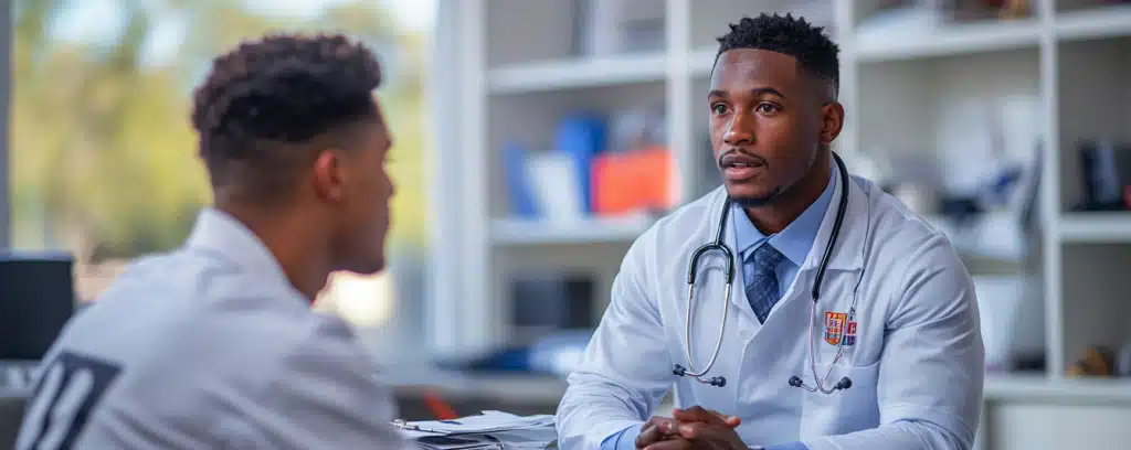 Two doctors in conversation at an office desk, one listening attentively.