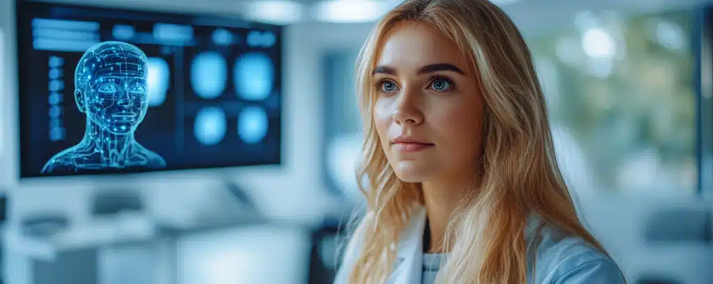 A psychologist in a lab coat stands in front of a digital screen displaying a facial scan.