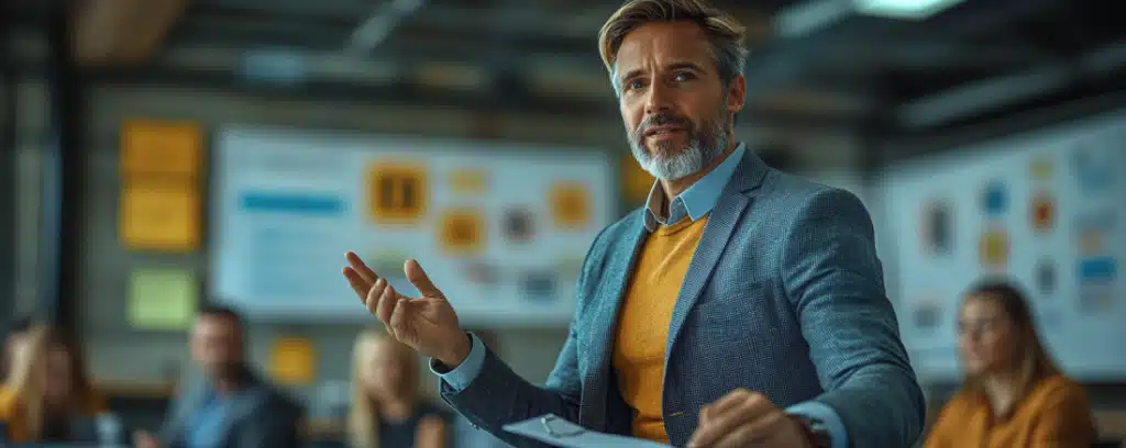 A IO psychologist in a blazer and orange sweater gestures while speaking in a meeting room with people in the background.